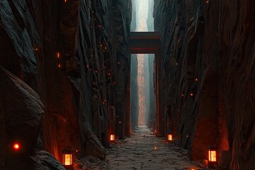 Dark, rocky canyon path illuminated by glowing lanterns