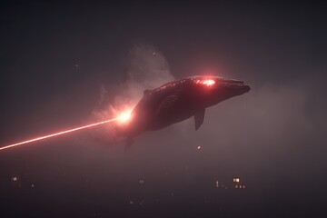 Dark, futuristic whale-like creature in a foggy, laser-lit scene
