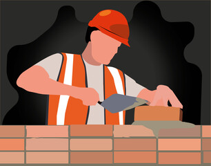 Construction worker building brick wall — vector illustration of masonry work