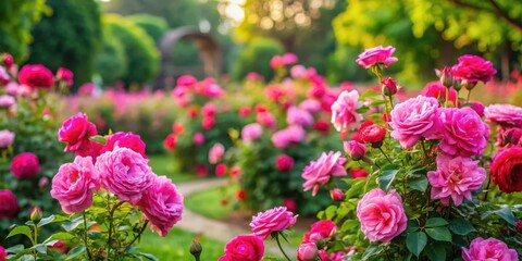 Vibrant pink rose bushes bloom in a picturesque public garden amidst lush greenery and vibrant flowers