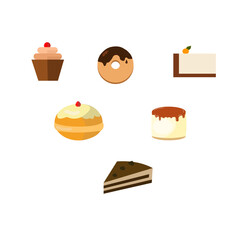 Set of sweet desserts — cake, cupcake, donut, pudding, pastry, vector illustration
