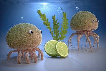 Underwater scene with two cartoonish, lime-colored creatures, seaweed, and limes
