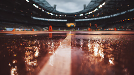 Wet stadium field at night with reflective surface and illuminated stands
