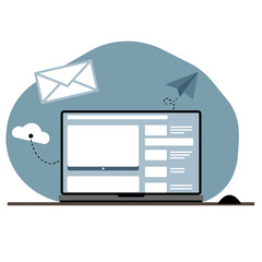 Email marketing and cloud communication vector illustration — laptop with message and paper plane

