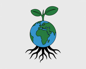 Earth with plant and root illustration isolated on white background
