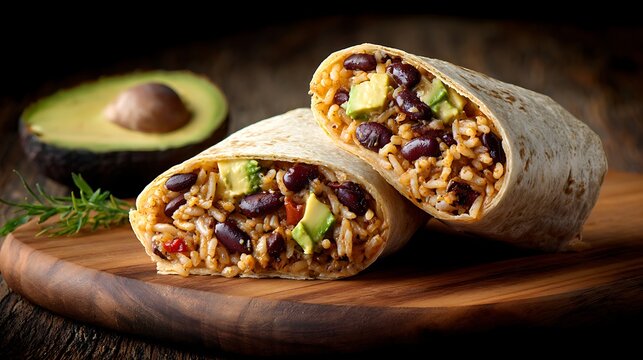 Delicious black bean burrito with avocado and rice on wooden board food photography close up shot style - Powered by Adobe