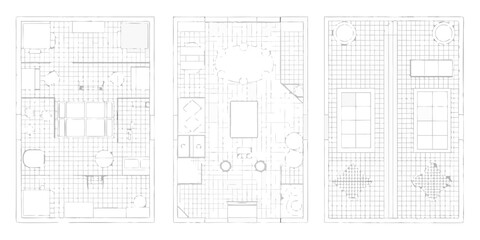Architectural floor plan sketches of three different interior spaces with furniture and room layouts in white line art style