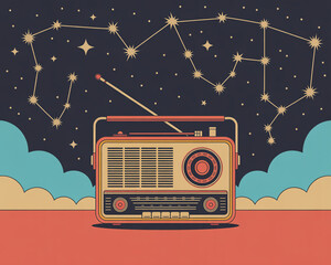 Vintage radio with constellation on night sky, a symbol of music and stars