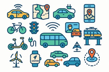 Naklejka premium Comprehensive representation of diverse transportation modalities featuring electric vehicles, bicycles, public transit, and navigation technology illustrating modern mobility dynamics and