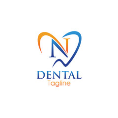 Modern dental logo featuring a stylized letter &ldquo;N&rdquo; inside a heart-shaped tooth outline, combining blue and orange for a professional and friendly appeal.