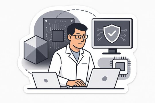 An innovative computer scientist analyzing advanced cybersecurity protocols in a modern workspace surrounded by digital elements and a protective screen illustrating network security concepts