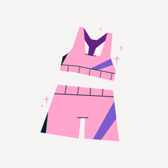 Vector illustration of women’s sportswear set with top and shorts in bright flat style on white background. Perfect for fitness, gym, training, active lifestyle, and workout design