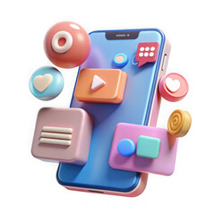 3d smartphone with social media icons and apps isolated on transparent background