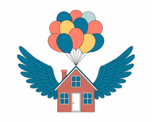 Flying house with balloons and wings isolated on white background