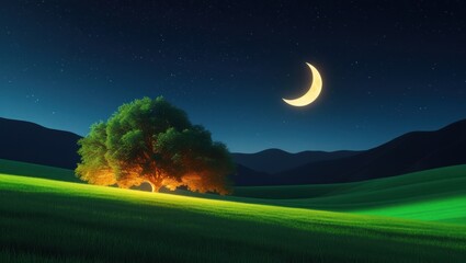 A serene, night-time landscape showcases a large tree illuminated by an ethereal glow, set against a backdrop of rolling hills and a crescent moon.