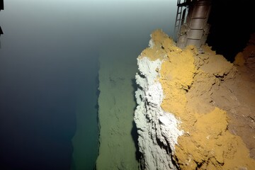 Underwater geological formations, steep cliff face, murky water