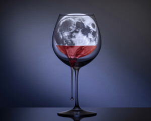 Full moon reflected in a wine glass with red liquid on a dark background