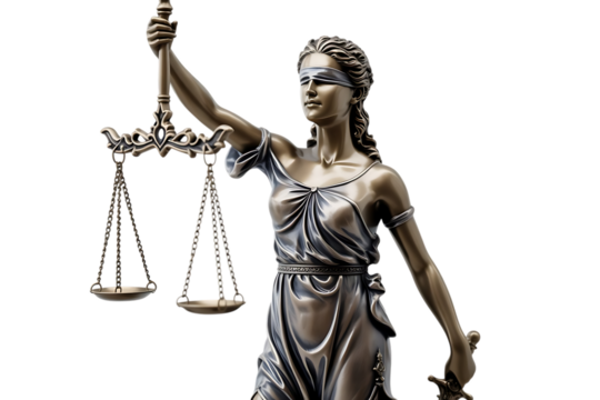 Bronze Statue of Lady Justice Blindfolded Holding Scales and Sword legal court isolated on a transparent background