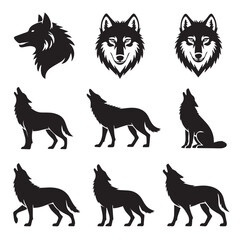 wolf silhouette design icons grid layout ai eps jpeg png featuring howling standing sitting head profile wildlife vector pack