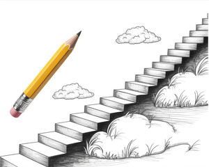 Pencil drawing a staircase to success with clouds and white background