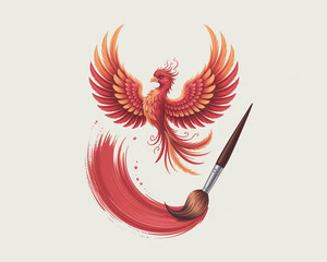 Phoenix bird painting with paintbrush and red paint on a light background