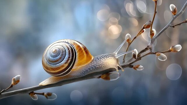 Snail on a Branch Bathed in Natural Light, close-up, macro photography, nature, wildlife, mollusk, shell, slow movement, texture, detail, outdoors, environment, sunlight, serene