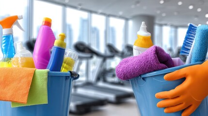 Cleaning Supplies In Gym Bucket With Colorful Rags And Gloves
