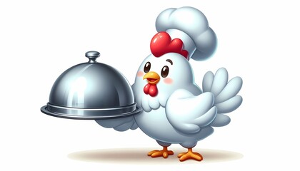 Whimsical chicken chef with a silver platter perfect for culinary and food related designs