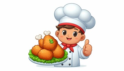 Cheerful cartoon chef presenting a plate of delicious fried chicken with a joyful smile