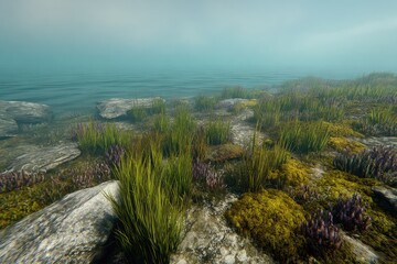 Underwater scene of light-dappled rocks and aquatic plants