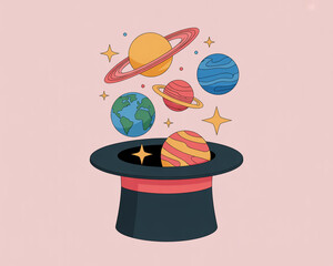Planets and stars emerging from a magicians hat on a pink background