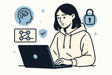 Engaging young woman working on advanced cybersecurity strategy using innovative technology while exploring digital landscapes and neural architectures that impact online security