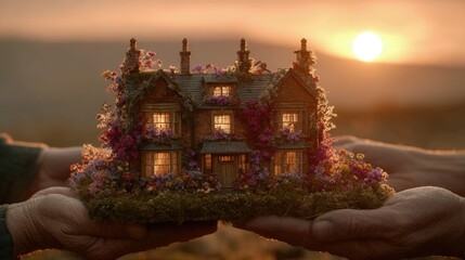 Small Wooden House Model Held in Hands at Sunset