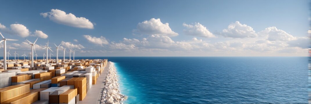Maritime Decarbonization Shipping Port with cargo ships docked near renewable energy infrastructure including wind turbines and solar panels. 