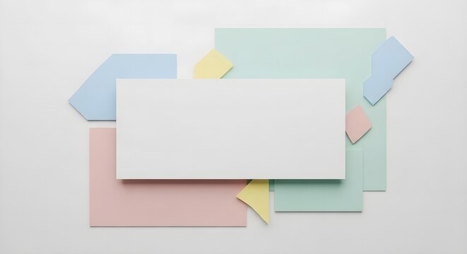 Modern flat lay composition with a blank paper mockup over abstract pastel geometric elements for creative design