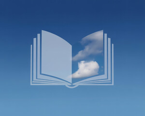 Open book with clouds on blue sky background, symbolizing knowledge and learning