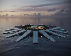 Futuristic floating city on the ocean at sunset, a sustainable utopia concept