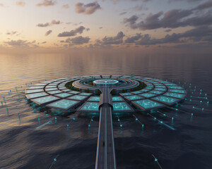 Futuristic offshore city concept with bridge at sunset, a sustainable habitat