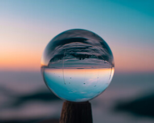 Crystal ball reflecting a beautiful sunset over a sea of clouds landscape
