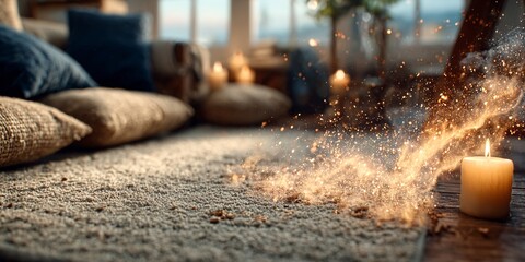 a blurry image of a cozy living room scene with warm lighting