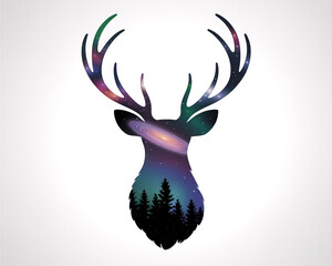 Deer silhouette with galaxy and forest isolated on white background