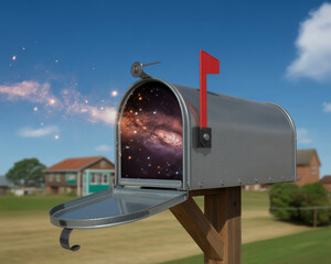 Mailbox with galaxy inside in rural area, concept of receiving cosmic mail