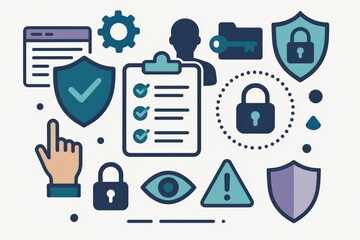 Visual representation of cybersecurity concepts featuring shields, locks, checklists, and keys symbolizing digital protection, security protocols, and data integrity illustrated in a modern