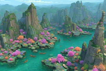 Lush coral reef landscape with towering rock formations and small boats