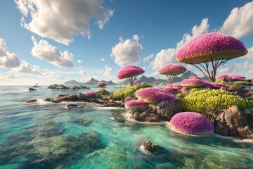 Tropical island with pink flora