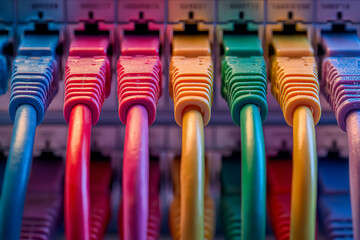 Colorful Ethernet network cables plugged into a metallic server panel, close-up, high detail, vibrant lighting, professional data center environment, sharp focus, modern technology infrastructure
