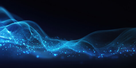 Dynamic wave of glowing blue particles and lines flows across dark background, creating sense of motion and energy. abstract design evokes futuristic and technological atmosphere