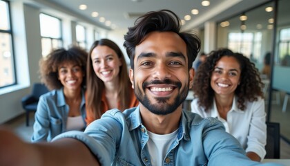 Group of friends smiling for a selfie in modern office environment  