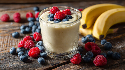 Creamy smoothie made with banana, raspberry, and blueberry, served in a clear glass on a rustic wooden table, vibrant fresh fruits surrounding the glass