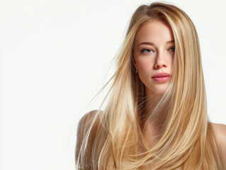 Naklejka premium Portrait of a young woman with long blonde hair, soft lighting, and clear skin. The minimalist white background highlights hair texture and natural beauty.